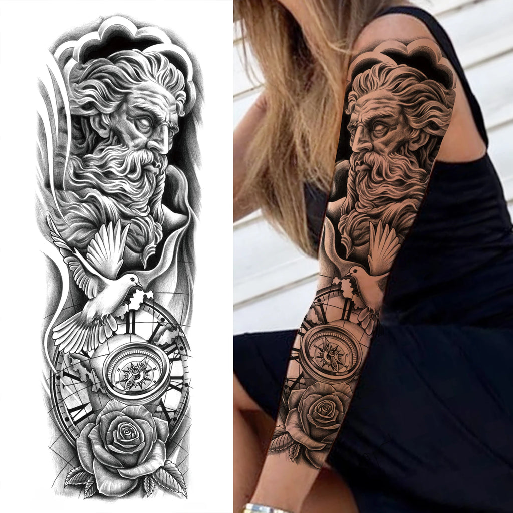 1 Sheet Full Arm Compass Zeus Skull Tiger Lion Flower Temporary Tattoos Sleeve For Men Women Adults Fake Temp Sticker Tattoo
