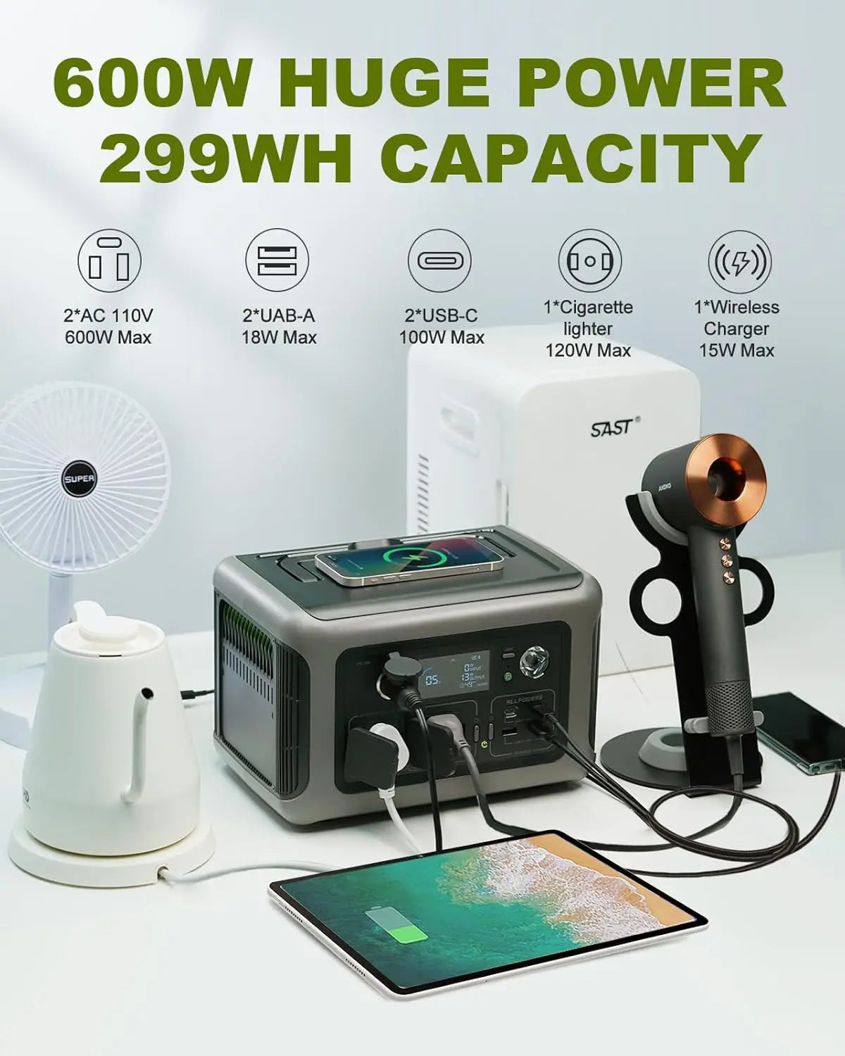 ALLPOWERS Tragbare Powerstation R600, 299Wh LiFeP04 Akku mit 2x 600W (1200W Spitze) AC-Steckdosen für Outdoor-Camping Wohnmobil Zuhause
