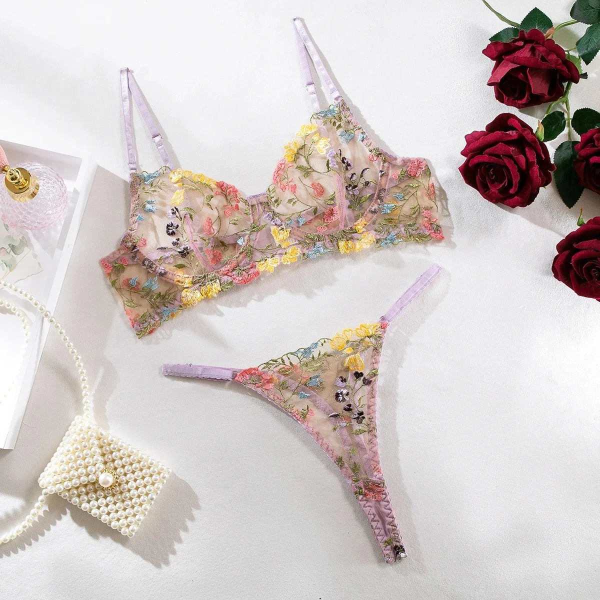 Yimunancy Blumenstickerei Dessous-Set Damen transparentes 2-teiliges Boho-BH + Höschen Unterwäsche-Set Intimates