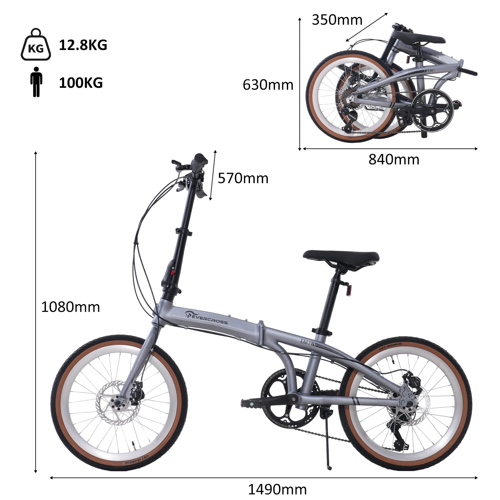 EVERCROSS TECH 20 Zoll Klapprad-7 Gänge-Rahmen Ultraleichtes Aluminium-Scheibenbremse-EM1