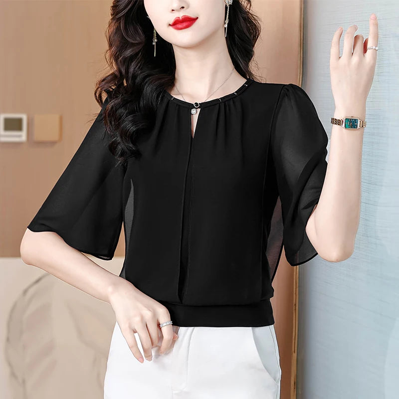 Sommerkleidung Halbarm-Chiffonbluse 2025 Neue Mode Loose Damen Tops Einfarbige Freizeit-Pullover-Shirts