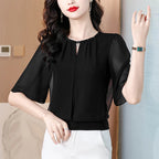 Sommerkleidung Halbarm-Chiffonbluse 2025 Neue Mode Loose Damen Tops Einfarbige Freizeit-Pullover-Shirts