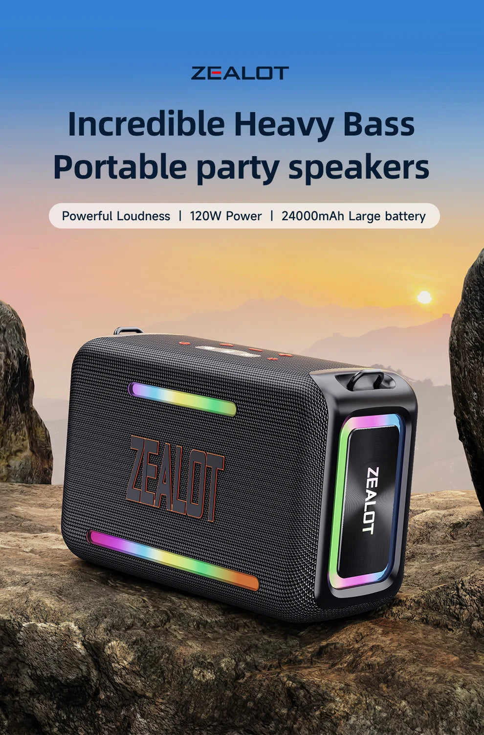 zealot-S95 Tragbarer Bluetooth-Lautsprecher Wasserdicht 120W Hohe Leistung RGB Buntes Licht Kabelloser Subwoofer 360 Stereo Surround TWS