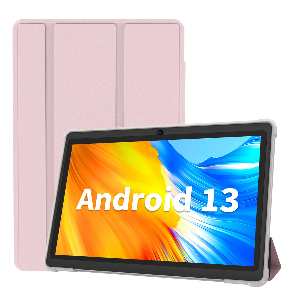Pritom 7 Zoll Tablet PC, Android 13 Quad-Core, 4 GB (2+2 GB virtuell) RAM 32 GB ROM, WiFi, Dual-Kamera, USB C, mit Ledertasche