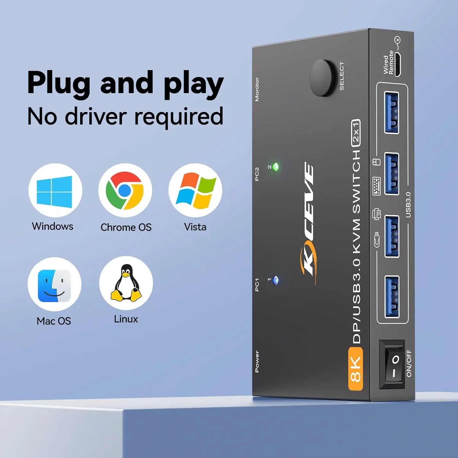 KCEVE 8K DisplayPort KVM-Switch für 2 Computer 1 Monitor, 8K@60Hz/4K@240Hz DP KVM-Switch für 2 PCs 1 Monitor zur gemeinsamen Nutzung von Maus und Tastatur Hauptbild