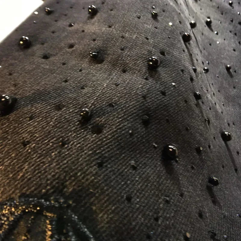 Neue Sommer Denim Patchwork Hakenblume Aushöhlen Spitze Gerade Weite Hose Casual Hohe Taille Schwere Stickerei Strass