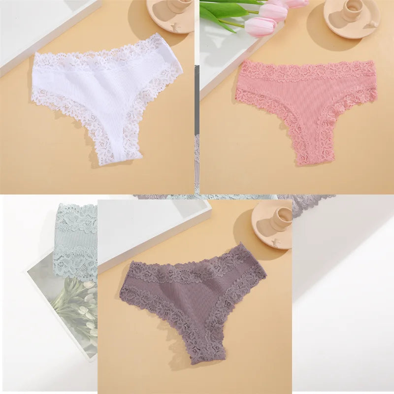 FINETOO 3er-Pack Damen Baumwollunterwäsche Slips Sexy Spitze Brasilianischer Slip Niedrige Taille Blumenmuster Einfarbig G-String Atmungsaktive Dessous
