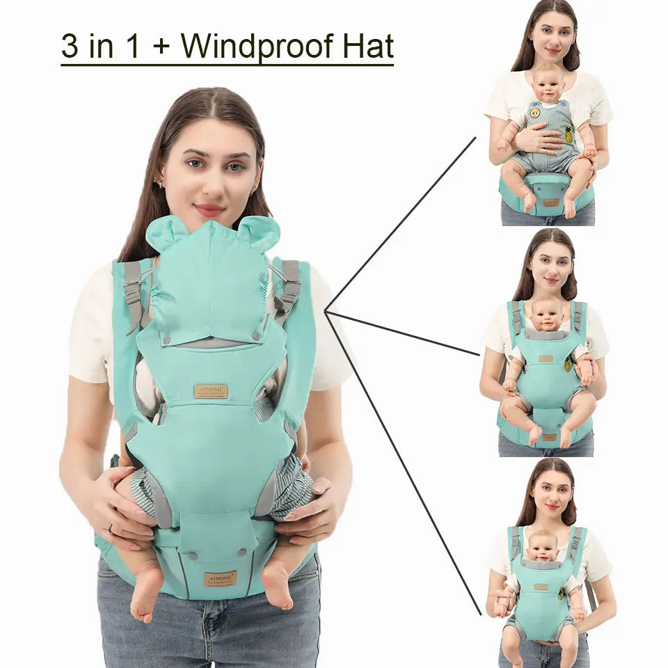3 IN 1 Baby Hipseat Carrier Backpack Straps for Infant Toddler 0-36M Ergonomic With Windproof Hat for Winter Luminous Strips