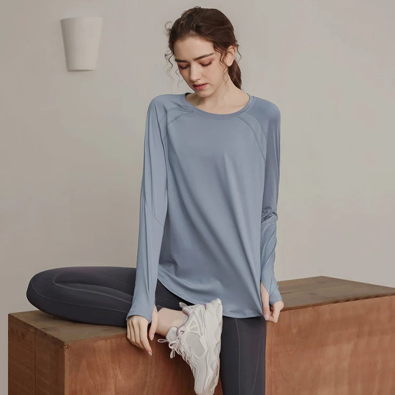 Lockere, schnell trocknende Sportoberteile, Damen-Langarmshirts, Yogabekleidung, atmungsaktive Lauf- und Fitnessbekleidung, figurformend