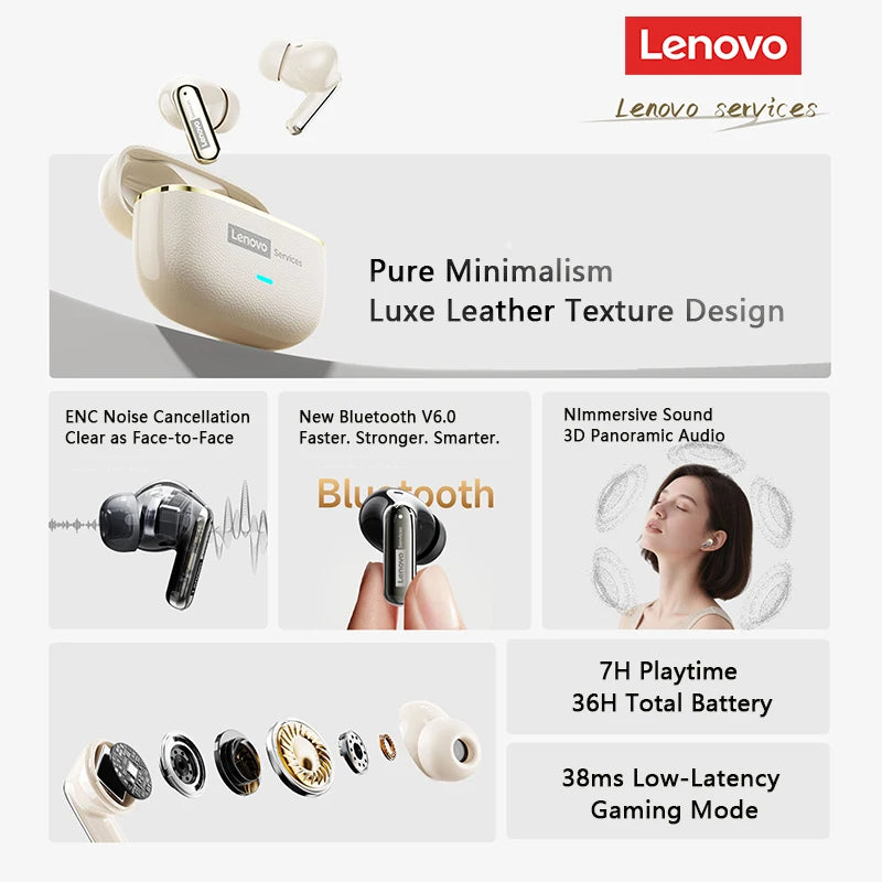 Choice Lenovo LE208 Kabellose Lederkopfhörer Bluetooth 6.0 ENC Kopfhörer Rauschunterdrückung Headset Geringe Latenz Gaming-Headset