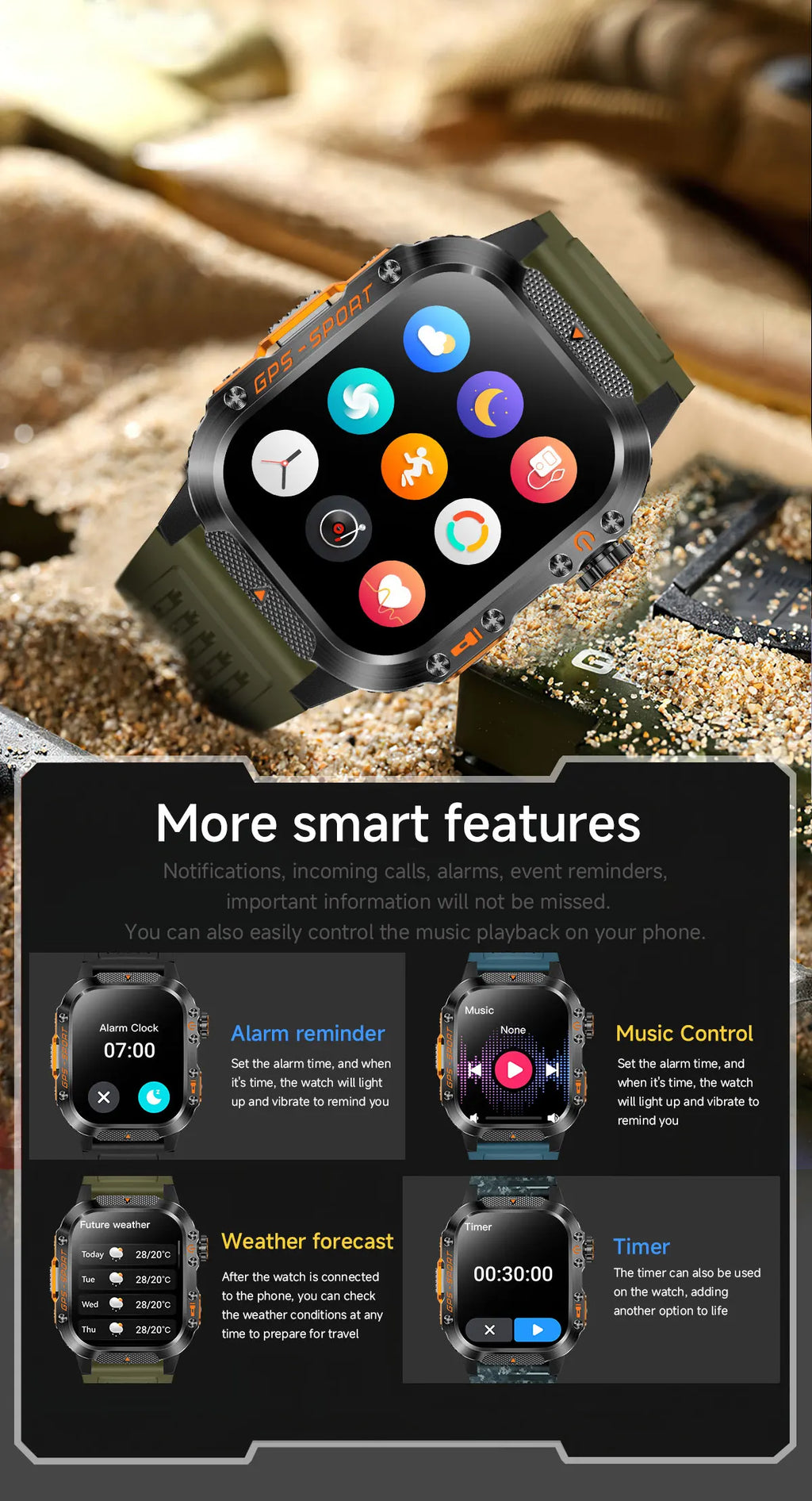 2025Neue GPS Smartwatch für Xiaomi IOS Militärkompass Taschenlampe Smartwatch Herren 10ATM Wasserdicht 100+Sportmodi BT Anruf Uhr