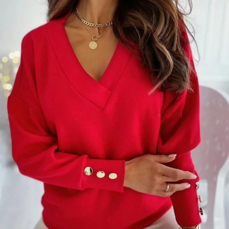Frühling Herbst Damen Reiner Weicher Langarmpullover V-Ausschnitt Mode Jumper Büro Dame Knopf Lockerer Freizeit Pullover Oberteil Pullover