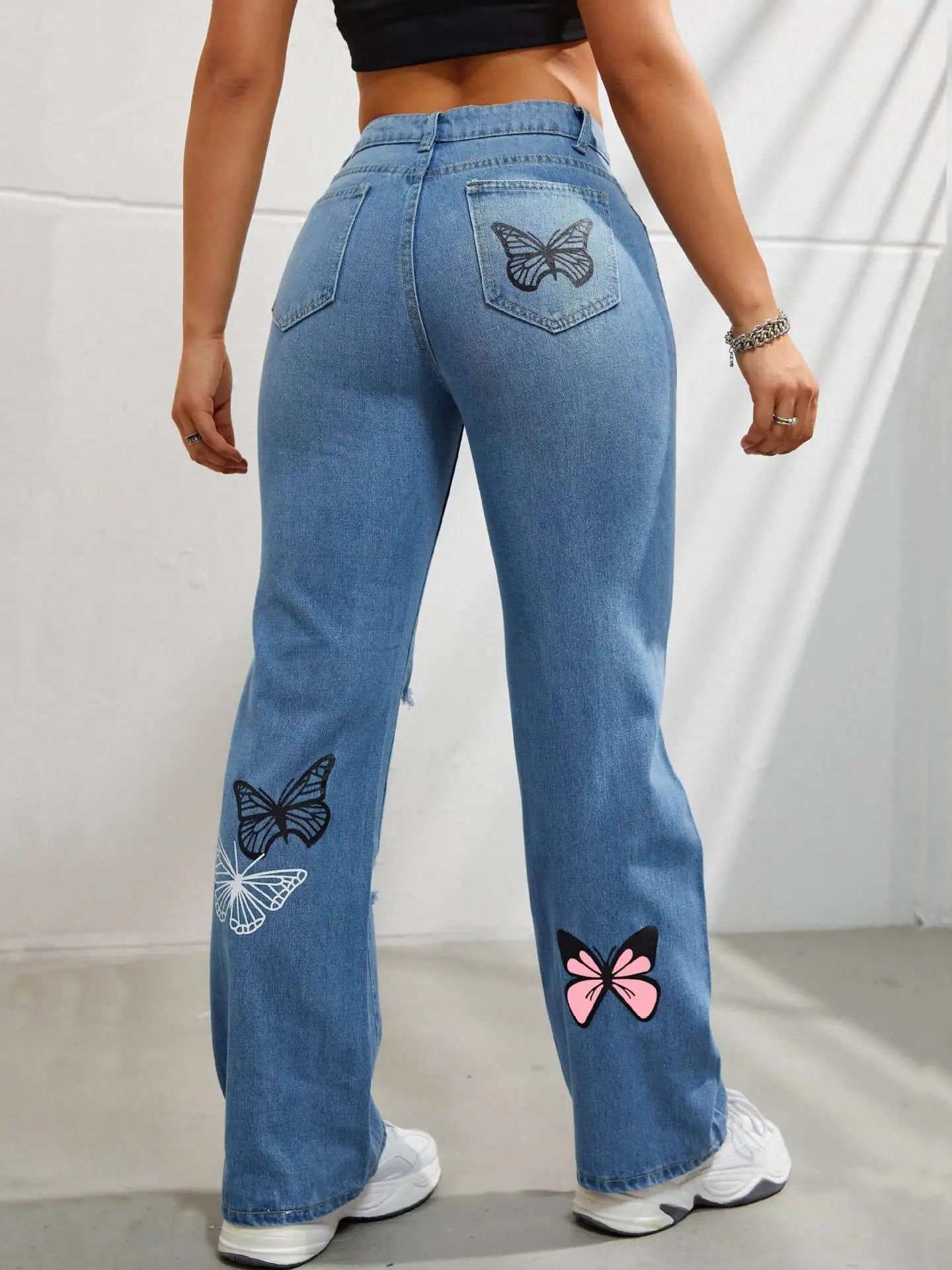 Schmetterlingsdruck Jeanshosen Damen Löcher Jeans Straight Fit Hose Hohe Taille Loose Fit Vintage 2026 Casual Distressed Denims