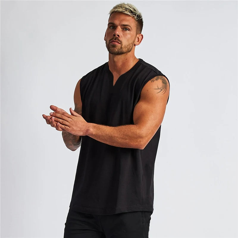 Sommer Baumwolle atmungsaktive V-Ausschnitt Tank Tops Fitnessstudio Workout Laufen Sport Ärmelloses Shirt Herren Fitness Bodybuilding Muskelbekleidung