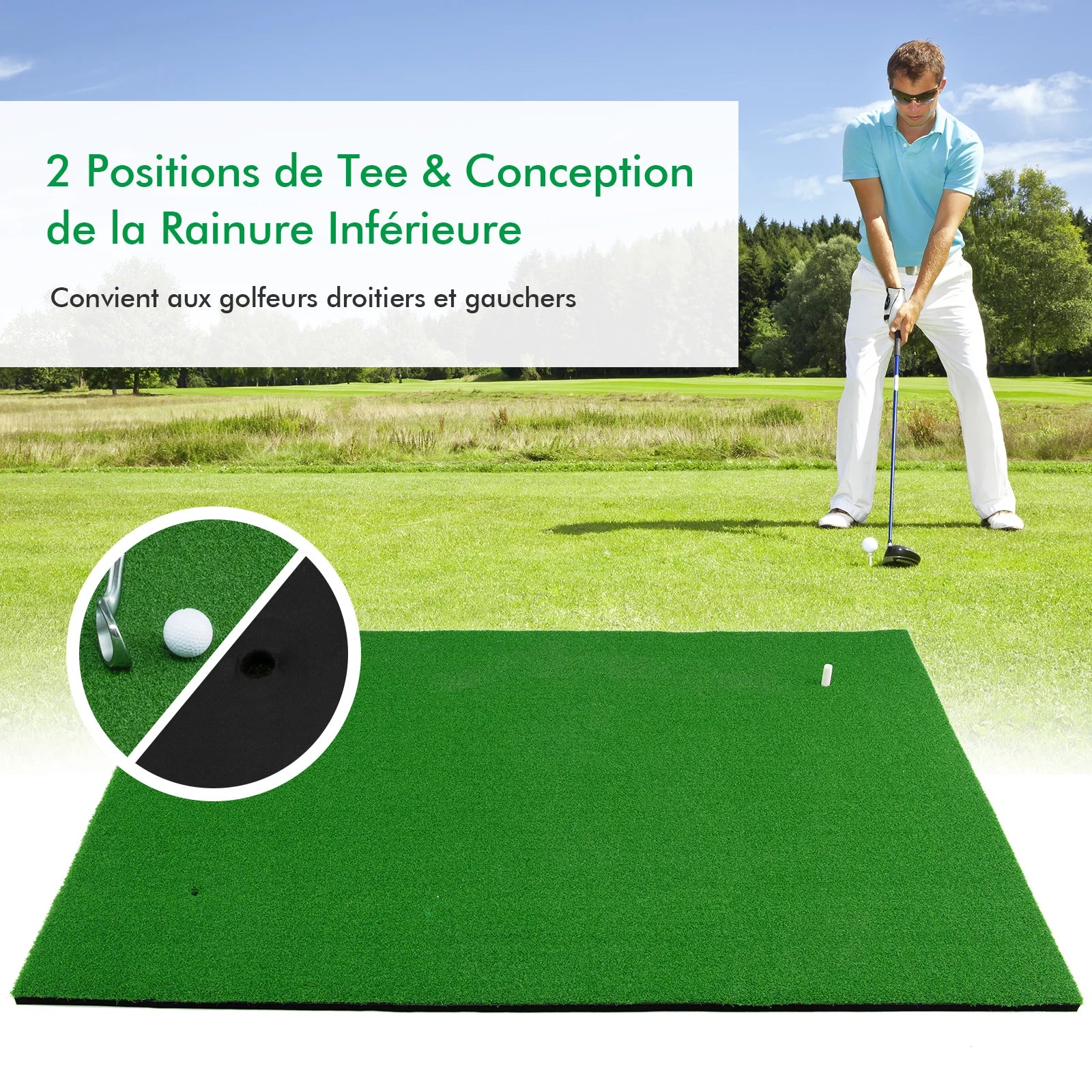 Golfschlagmatte, Reel Feel Golf-Übungsmatte mit Kunstrasen und 2 Tee-Positionen, 3 Gummi-Tees enthalten, Golf Putting