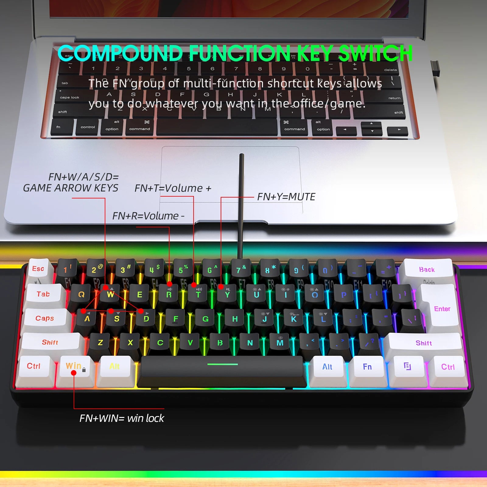 Neues kabelgebundenes 61-Tasten-Tastatur-Set in Weiß-Schwarz, RGB-Gaming-Maus, Büropaket, Tastatur-Maus-Kombinationen mit Hintergrundbeleuchtung für PUBG-Gamer