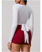 Neue Sommer Damen Yoga Langarm Einteiler Träger Yoga Kleidung Weibliches Training Premium Ballett WickeloberteileFrauen Fitness Sport Top