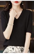 Damen Pullover Frühling Sommer Kurzarm V-Ausschnitt Strickshirt Lässige koreanische Pullover Gestreiftes Unterziehshirt Slim Fit Pullover