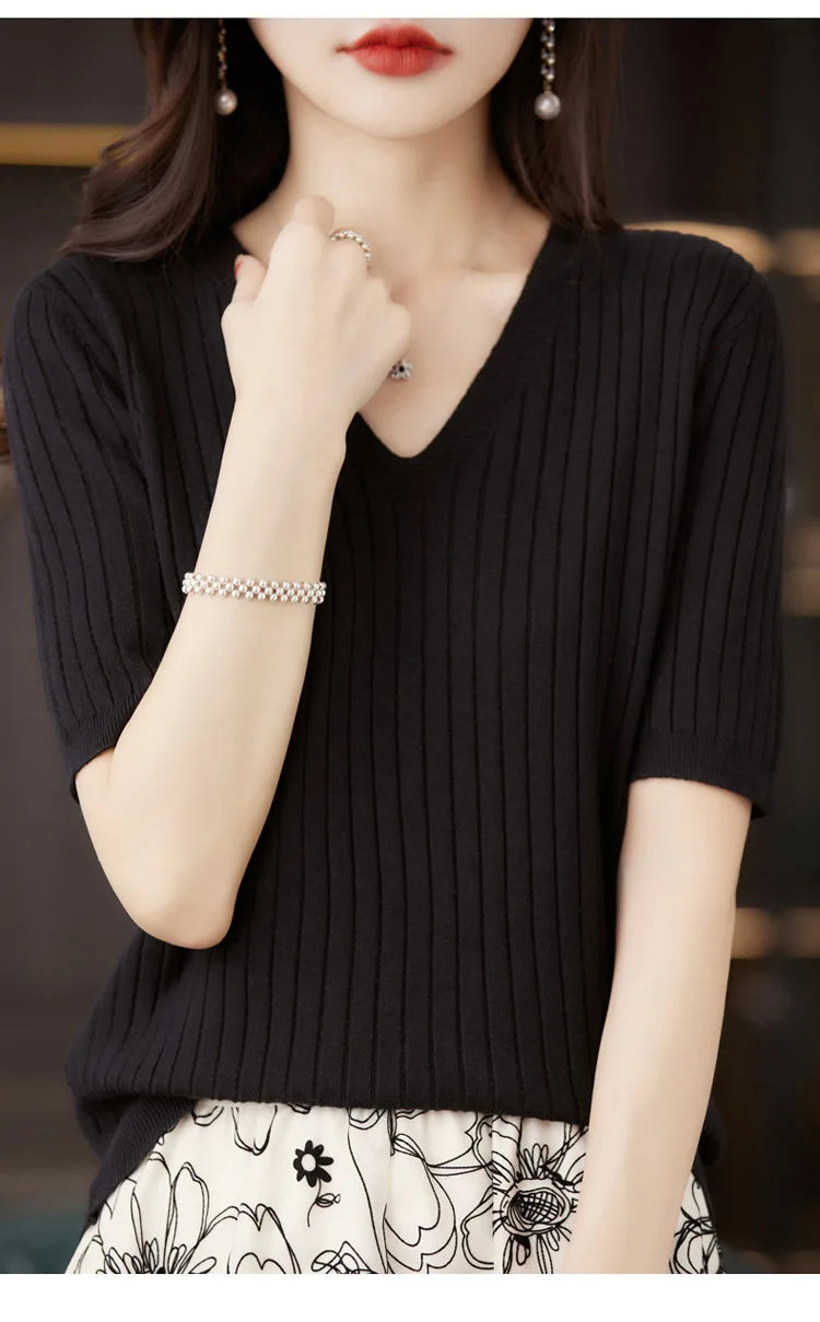 Damen Pullover Frühling Sommer Kurzarm V-Ausschnitt Strickshirt Lässige koreanische Pullover Gestreiftes Unterziehshirt Slim Fit Pullover