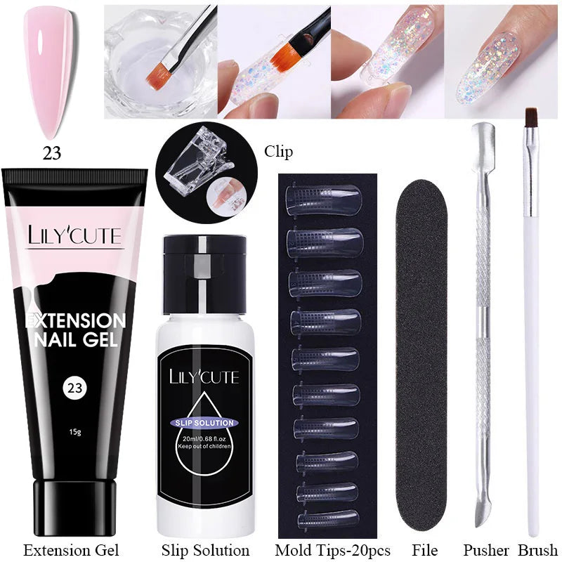 LILYCUTE 15ml Verlängerungsgel-Nagellack-Set Quick Nail Prolong mit Verlängerungsform-Nagelspitzen Acryl-Lösung Maniküre-Werkzeug-Kit