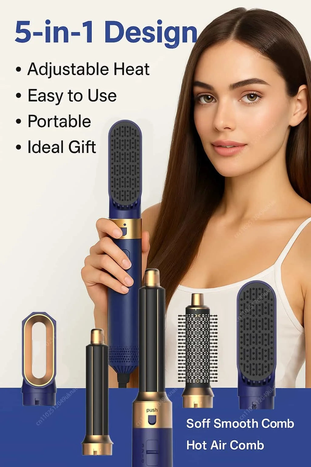 5-in-1-Haartrockner- und Heißluftkammbürste mit Lockenstab und Haarglätter zum schnellen Trocknen, Locken, Glätten und Stylen