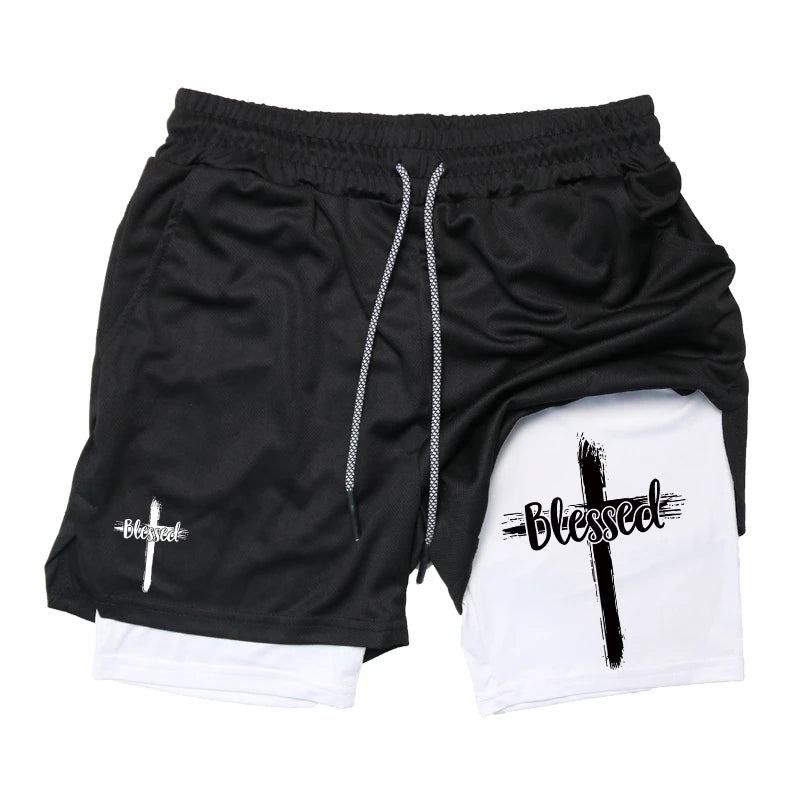 Herren-2-in-1-Lauf-Workout-Shorts mit Druck, Christian Gym Athletic Performance Shorts mit Handytasche und Handtuchschlaufe, Activewear