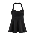 HH Sommer elegantes Neckholder-Faltenkleid einfarbig elegant kurz für Damen sexy rückenfreies ärmelloses Party-Minikleid Mujer