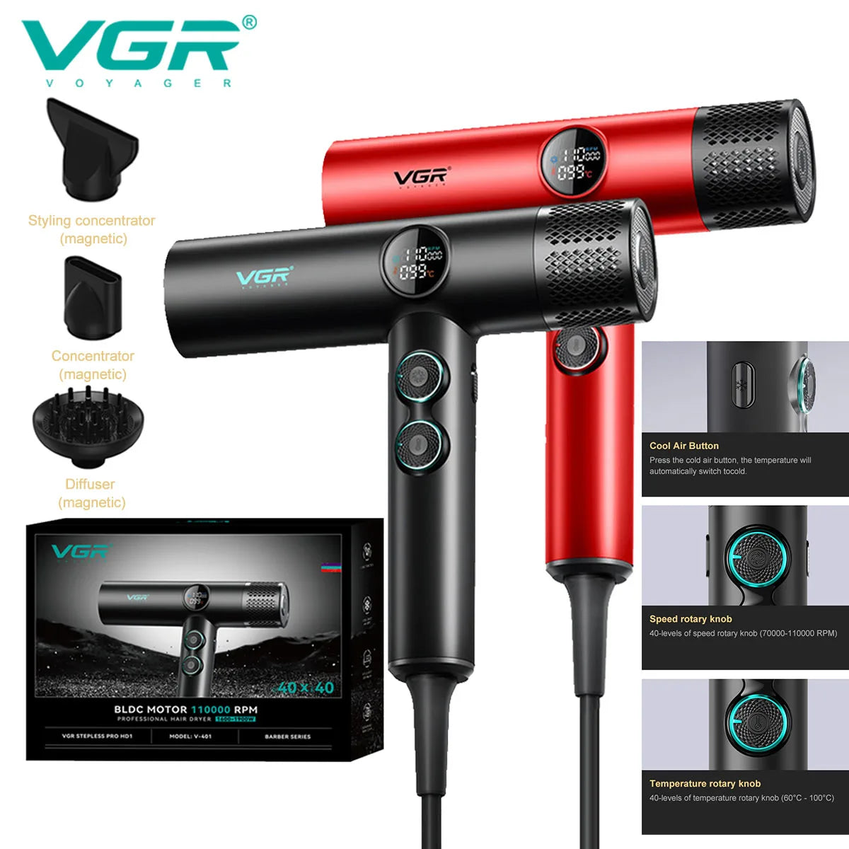 VGR Haartrockner Professioneller Haartrockner BLDC-Motor Haarstyling-Föhnmaschine 110000 U/min Negativ-Ionen Salon-Gebläse V-401 Hauptbild