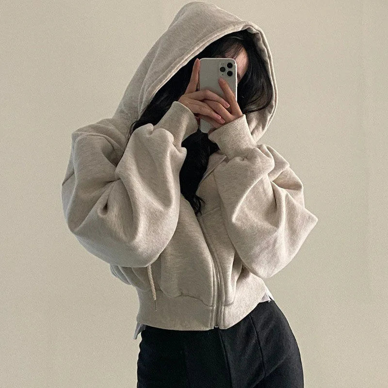 Korean Hood Shirt Women Fashion Fleece Lined Loose Hoodies Zipper Long Sleeve Crop Tops Harajuku Female Jackets Coats Sweatshirt Main image
