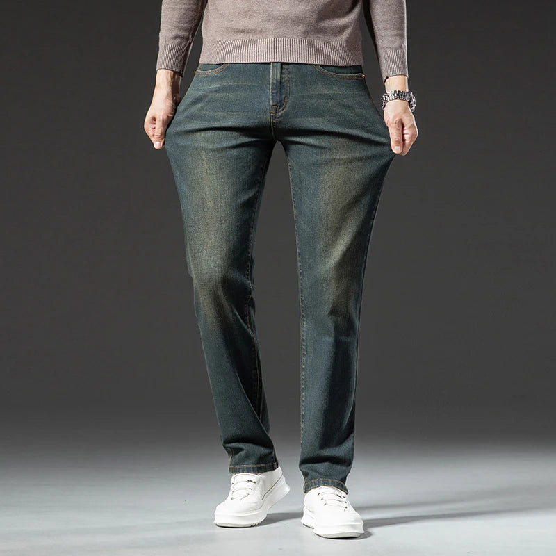 Hochwertige Winterjeans Herren Warme Fleece Verdickte Elastische Denim Hose Fashion Straight Elastische Retro Plüsch Samthose