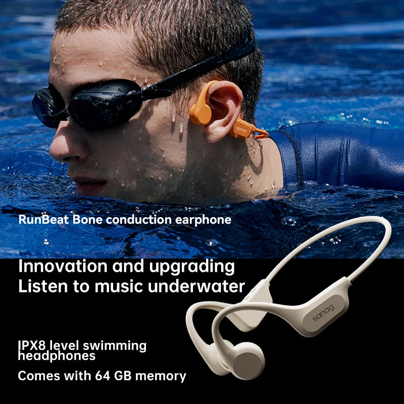 Sanag B60S Knochenschall-Kopfhörer IPX8 Schwimmen Bluetooth Kopfhörer Kabelloses Headset 32GB/64GB MP3 mit Mikrofon Ohrhörer
