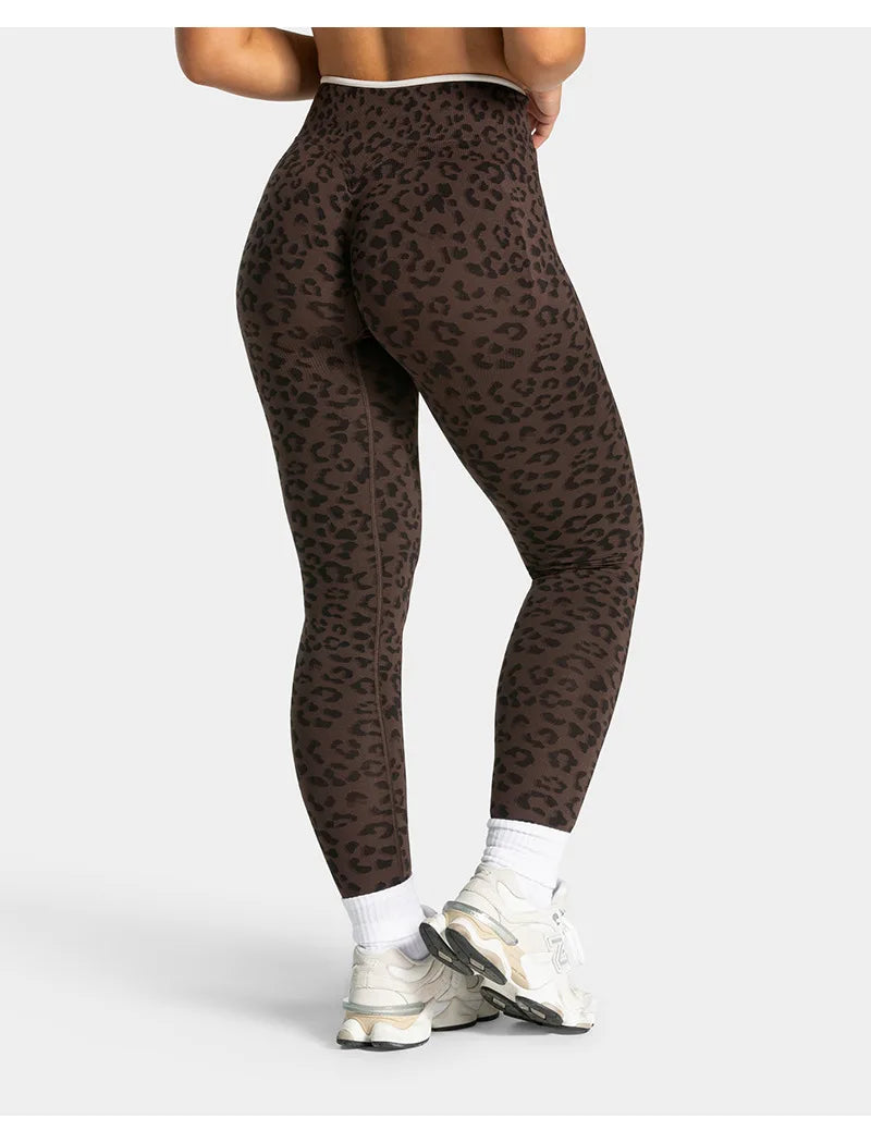 Teveo Eng anliegende, nahtlose Yoga-Leggings mit Leopardenmuster, hautfarbener hoher Elastizität, geeignet als Fitness-Laufhose