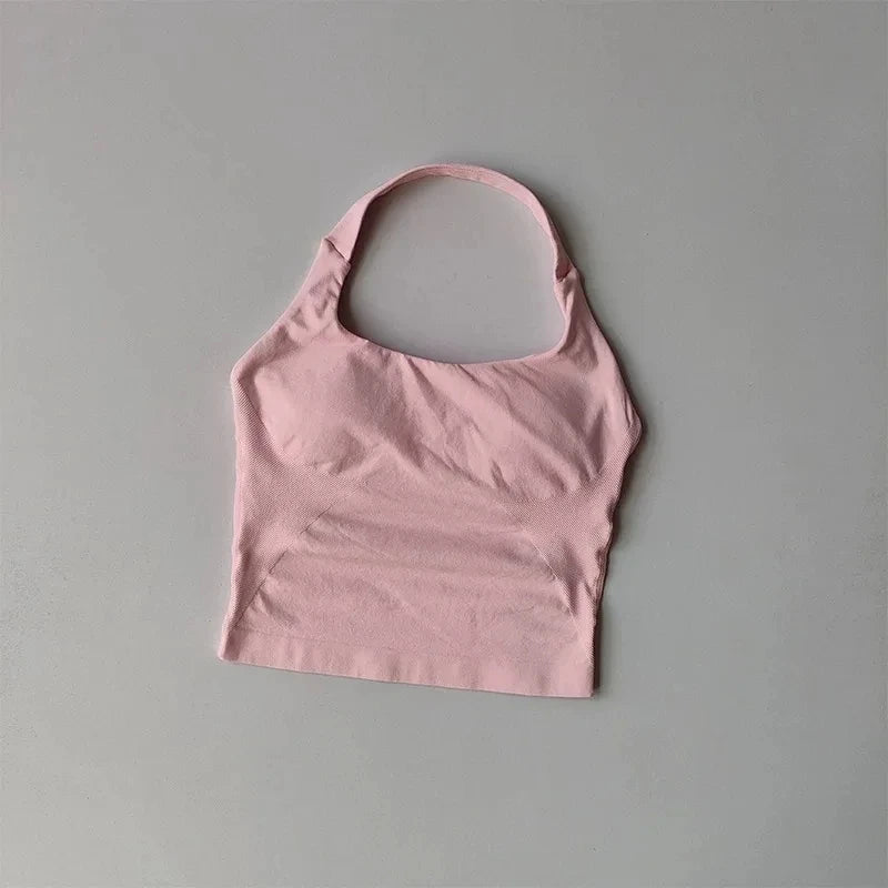 Nahtlose Neckholder-Yoga-Tanktops für Damen mit integriertem BH, gepolstertem Gymnastik-Top, ärmellosem Shirt, tailliert, rückenfrei, Sportbekleidung