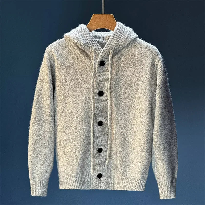 Neue lässige Luxus Strickjacke mit Kapuze für Herren Koreanische Mode Lockerer Cardigan mit Knopfleiste Y2K Vintage Streetwear Strickwaren Mantel