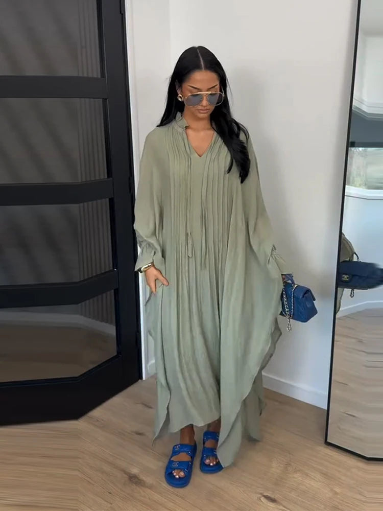 Maxikleid Damenkleider Fledermausärmel Beige Rüschen Bindekragen Plissiert Oversized Damenbekleidung Freizeitkleidung Sommer-Outfit Hauptbild