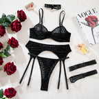 Sexy rosa Leoparden-BH-Handschuhe Beinsocken Dessous-Set Damen Perspektive Bequemes Mesh Exotische Kleidung Unterwäsche Anzug