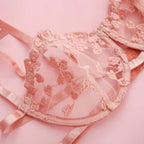 Spitzen-Dessous-Set 3-teilig Transparenter BH Strumpfhalter Halbcup Push-up Unterwäsche für Damen