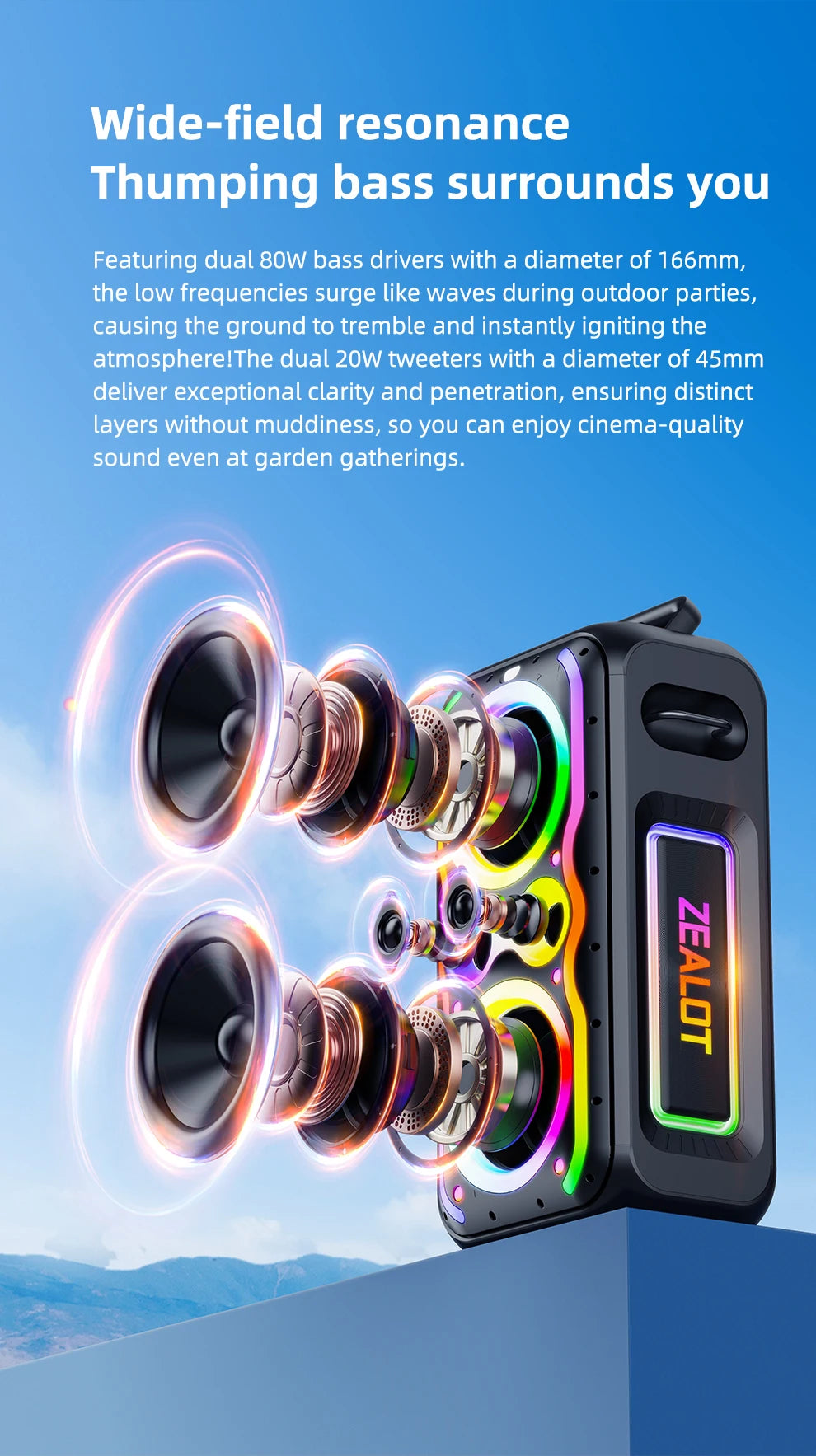 ZEALOT-PT21 200W Kabelloser Bluetooth-Lautsprecher, tragbarer Outdoor-Lautsprecher mit sattem Bass, Stereokopplung, Reverse Charging,