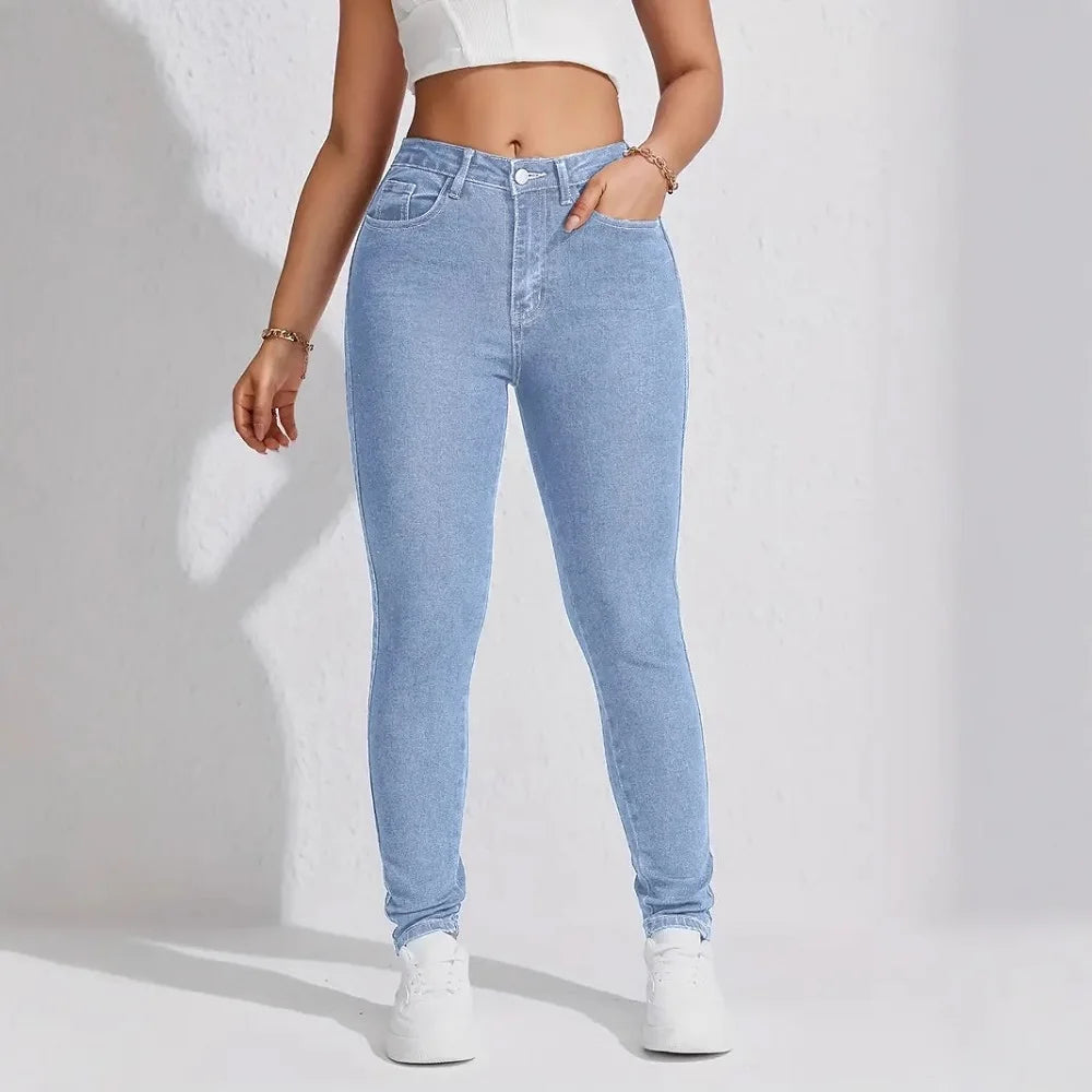 Damen High Waist Stretch-Jeans, Hüfthebend, Skinny Pencil Pants, Damen, volle Länge, schmal, einfarbig, Hose