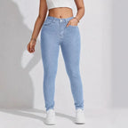 Damen High Waist Stretch-Jeans, Hüfthebend, Skinny Pencil Pants, Damen, volle Länge, schmal, einfarbig, Hose