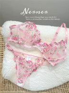 YUQI Französisches Luxus-Dessous-Set – sexy BH- und Höschen-Set mit floraler Stickerei in Schwarz, durchsichtige, transparente, verführerische Damen-Unterwäsche