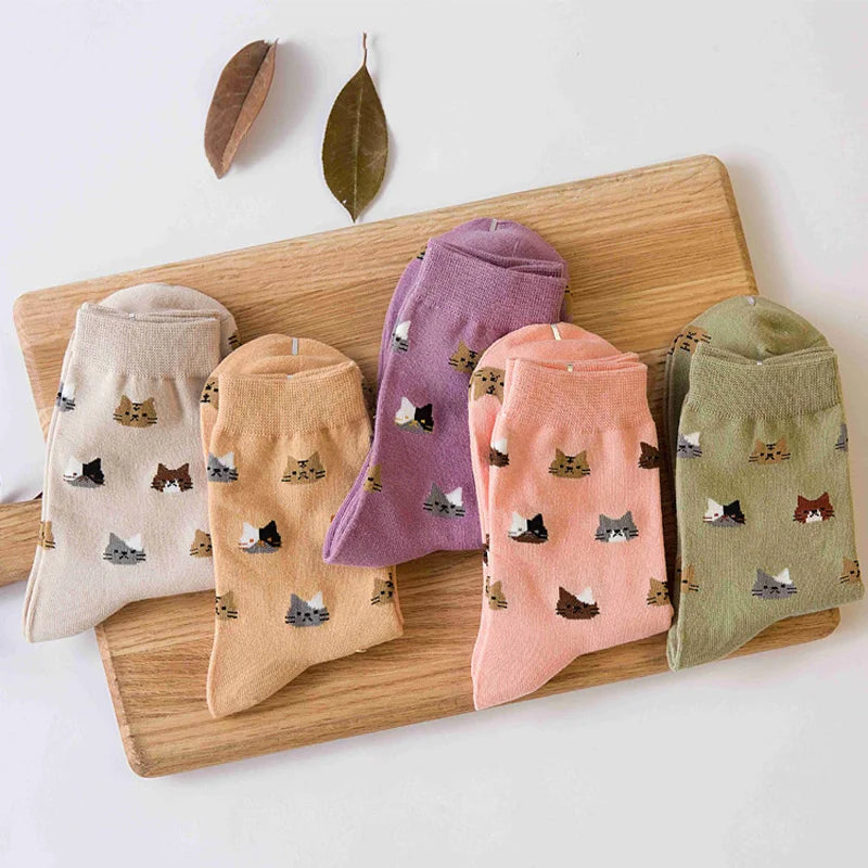 5 Paar Socken mit Katzenmuster, süße & bequeme Allround-Mid-Tube-Socken, Damenstrümpfe & Strumpfwaren