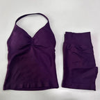 No Logo 2-teiliges Sportset Damen Rückenloses Tanktop Hohe Taille Scrunch Nahtlose Shorts Gym Set Sportbekleidung Workout Set Yoga