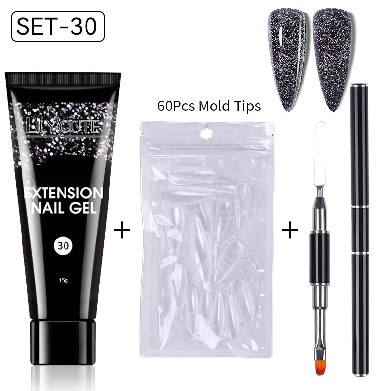 LILYCUTE 15ml Verlängerungsgel-Nagellack-Set Quick Nail Prolong mit Verlängerungsform-Nagelspitzen Acryl-Lösung Maniküre-Werkzeug-Kit