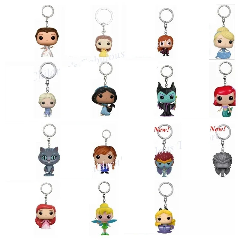 Neue FUNKO Schlüsselanhänger Disney Dämonin Prinzessin Bella Arielle Alice Anna Elsa Bell Jack Sally Stitch Actionfigur Spielzeug Ornamente