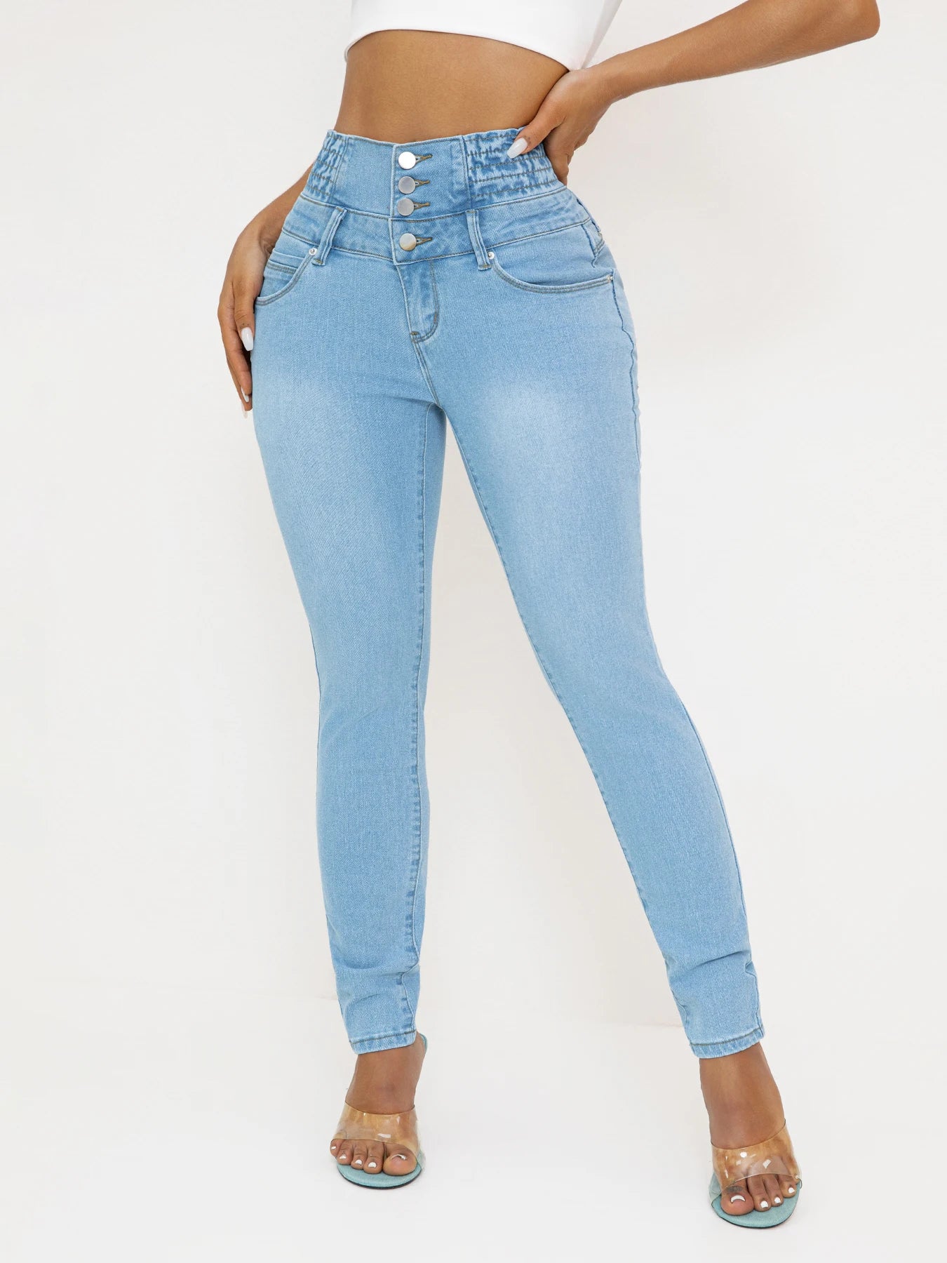 Damen High-Waist Stretch-Jeans – sexy schmale Passform mit Po-Lifting, lässiger Stil, Hellblau, ganzjähriger Tragekomfort, hoher B Zweitbild