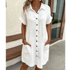 Sommerliches einfarbiges schlichtes Kurzarmhemdkleid Damen Umlegekragen Einreiher lässig elegante Damen lose Kleider