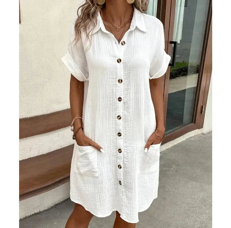 Sommerliches einfarbiges schlichtes Kurzarmhemdkleid Damen Umlegekragen Einreiher lässig elegante Damen lose Kleider