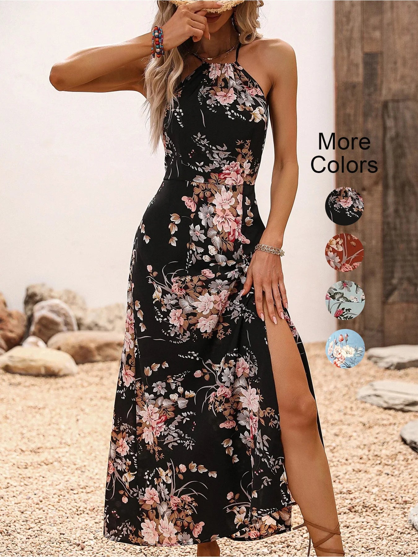 Damen Blumenprint-Kleid mit hohem Schlitz und Beinfreiheit, Neckholder – Sommer Ärmellos Sexy Eng Anliegend Strand Party Clubwear Hauptbild