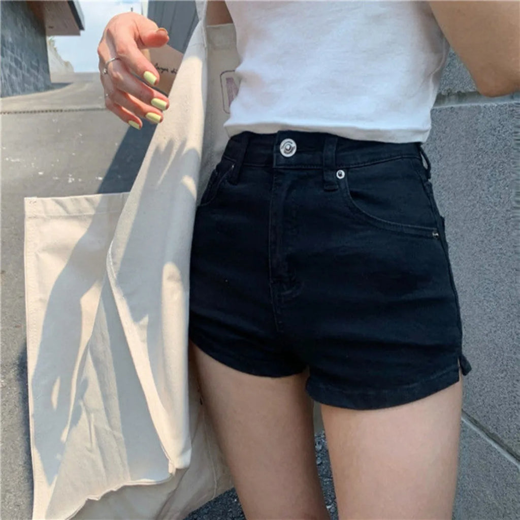 Damen-Denim-Shorts Lässige High-Waist-Shorts Retro-Waschung Button-Fly Sexy Hot Pants Eng anliegende Sommershorts